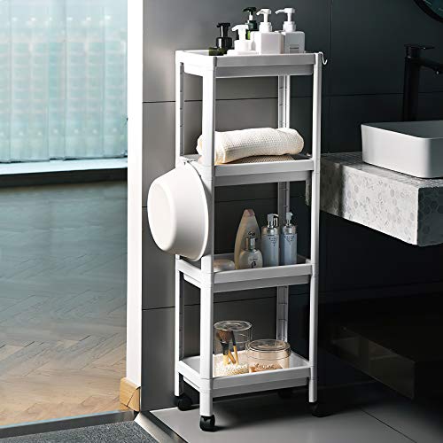 Carrito de Almacenamiento, Organizador con Ruedas Delgado de 4 Niveles, Carrito de Almacenamiento, Organizador de estantes de baño para Lugares Estrechos (Blanco, 4 Tier)