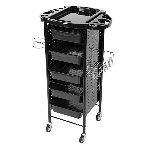 Carrito de peluquería, 6 cajones, carrito de almacenamiento con 4 ruedas y bandeja de herramientas, estantería multifuncional para peluquería SPA Beauty Roller Cart Shelving Blakc 95 x 53 x 44 cm