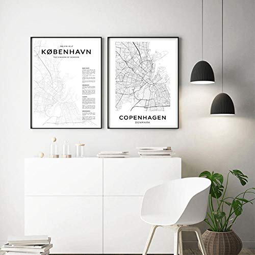 Carteles de mapa de carreteras de la ciudad danesa de Copenhague, pintura en lienzo, impresiones en blanco y negro, imágenes artísticas de pared, decoración del hogar, 50x70cmx2 piezas sin marco