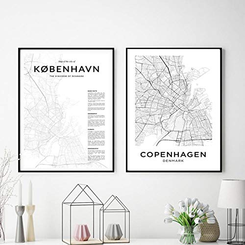 Carteles de mapa de carreteras de la ciudad danesa de Copenhague, pintura en lienzo, impresiones en blanco y negro, imágenes artísticas de pared, decoración del hogar, 50x70cmx2 piezas sin marco