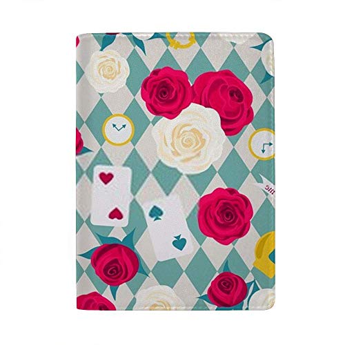 Cartera con Funda para Pasaporte, Tarjeta de Rosas, Reloj con Llave, Alicia en el país de Las Maravillas, Estuche de Cuero, Billetera Trave, 4.5 x 6.5 Pulgadas