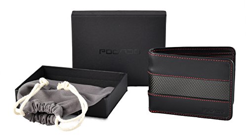 Cartera Negra para Hombre | Piel y Carbono | Bloque de RFID | POCARDO Stripe (sin Bolsillo para Monedas/Costura Roja)