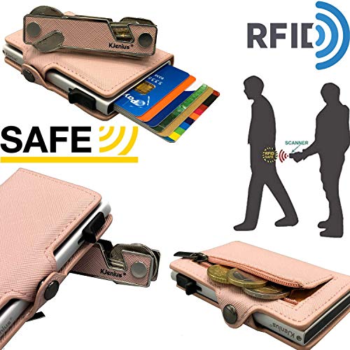 Cartera Pequeña para Mujer en Cuero Rosa Protegido con Protección RFID, Tarjetero Pequeño para Tarjetas de Crédito con Monedero Espejo de Maquillaje + Llaveros Originales, Idea de Regalo para Ropa