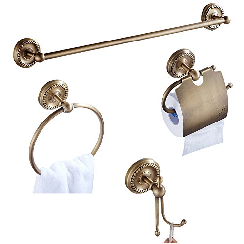 Case Wind Antiguo latón cuarto de baño Set de accesorios 4 unidades, toalla gancho Soporte para papel higiénico Anillo toallero de barra All latón construcción para taladrar