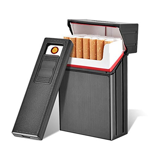 Caso de Cigarrillo con encendedores, leegoal USB Recargable Encendedor eléctrico, Metal Completo Pack 20 Regular Cigarrillos Titular, a Prueba de Viento flameless Cigarrillos Caja King Size