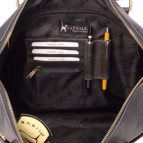 CATWALK COLLECTION - Bolso de Mujer Para Trabajo/Oficina - Portátil/iPad/Laptop - Cuero Vintage - ADELE - Negro