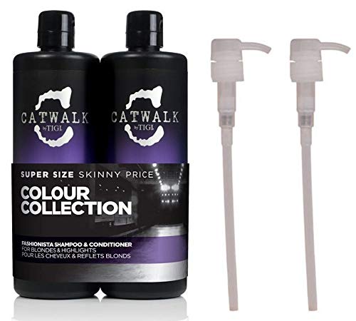 Catwalk, de Tigi Fashionista. Champú y acondicionador, dos en uno, para pelos claros, botes color violeta, 2 x 750 ml, incluye dos dispensadores gratuitos