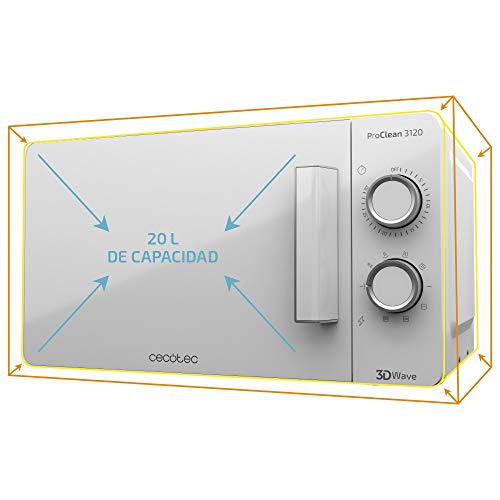 Cecotec Microondas blanco ProClean 3120. Con Grill y Revestimiento Ready2Clean para mejor limpieza. Tecnología 3DWave, Cantidad 20 L. Diseño elegante puerta FullWhite y detalles metálicos.6 niveles.