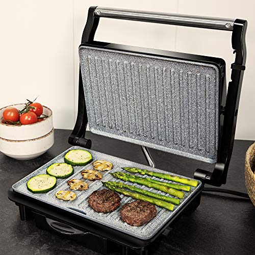 Cecotec Parrilla eléctrica Rock’nGrill 1500 Rapid. Revestimiento de piedra RockStone, placa superior adaptable en altura, bandeja recogegrasas,1500W de potencia, revestimiento ecológico
