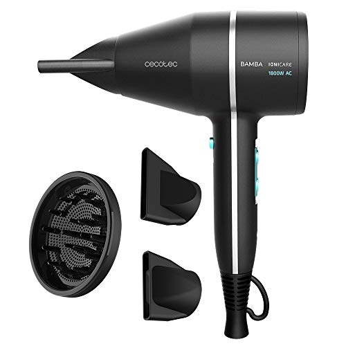 Cecotec Secador de pelo Ionico Bamba IoniCare 5500 PowerStyle, de diseño con motor AC, de gran caudal de aire, con iones reales, sistema Perfect Colour, con difusor y accesorios profesionales (Negro)
