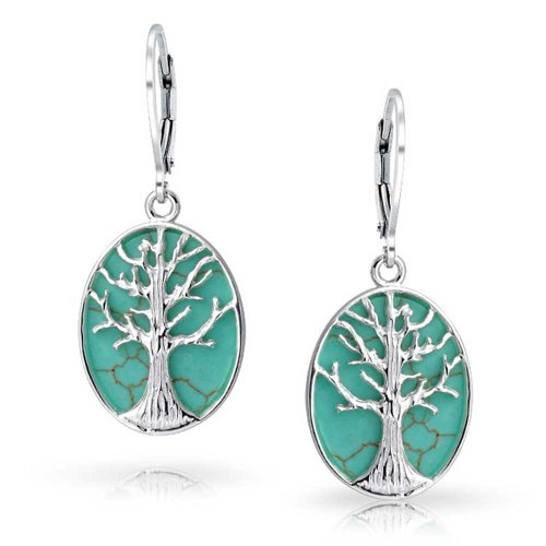 Celta Oval Turquesa Estabilizada Colgante Del Árbol De La Vida Familiar Para Mujer Pendiente De Plata Esterlina