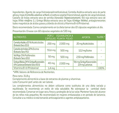 Centella asiatica complex 2500 mg 60 cápsulas vegetales con castaño de indias, vid roja, ginkgo biloba y vitamina B-6