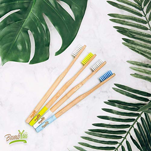 Cepillo de dientes de bambú de bambú - Pack de 4 - Natural - Biodegradable - Vegan - no agresivo para las encías - suave, flexible y agradable, limpia eficazmente