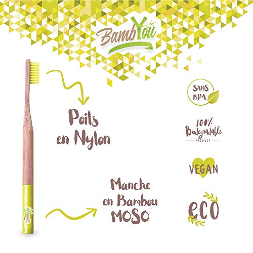 Cepillo de dientes de bambú de bambú - Pack de 4 - Natural - Biodegradable - Vegan - no agresivo para las encías - suave, flexible y agradable, limpia eficazmente