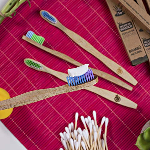 Cepillo Dientes Bambu con Cerdas Suaves by Ecocious, Con 200 Bastoncillos Ecologicos, Cepillos Dientes Bambu Sin Plastico