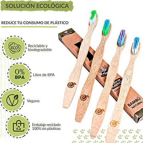 Cepillo Dientes Bambu con Cerdas Suaves by Ecocious, Con 200 Bastoncillos Ecologicos, Cepillos Dientes Bambu Sin Plastico
