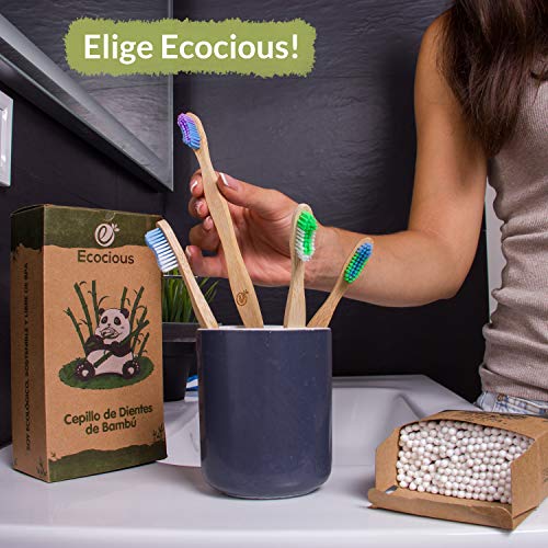 Cepillo Dientes Bambu con Cerdas Suaves by Ecocious, Con 200 Bastoncillos Ecologicos, Cepillos Dientes Bambu Sin Plastico