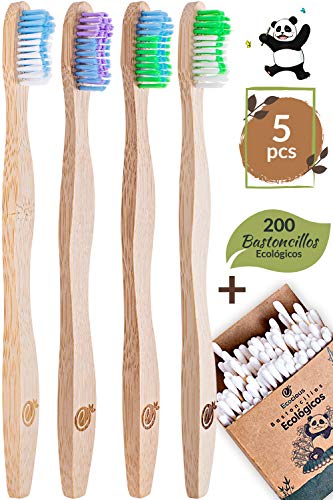 Cepillo Dientes Bambu con Cerdas Suaves by Ecocious, Con 200 Bastoncillos Ecologicos, Cepillos Dientes Bambu Sin Plastico