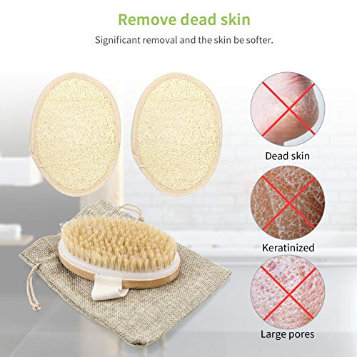 Cepillo seco para el cuerpo, cerdas de canvalite ducha celulitis cepillo exfoliante y 2 almohadillas de esponja de lufa para baño