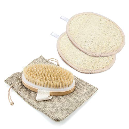 Cepillo seco para el cuerpo, cerdas de canvalite ducha celulitis cepillo exfoliante y 2 almohadillas de esponja de lufa para baño