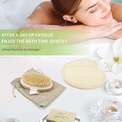 Cepillo seco para el cuerpo, cerdas de canvalite ducha celulitis cepillo exfoliante y 2 almohadillas de esponja de lufa para baño