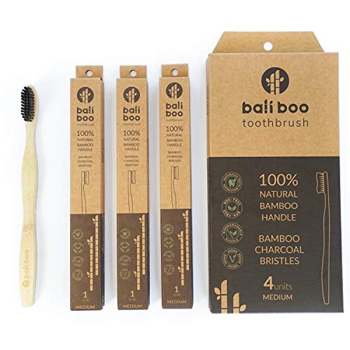 Cepillos de Dientes de Bambú de Bali Boo | Dureza DURA | Pack Familiar de 4 | Cepillo de Carbón Activado de Bambú | Blanqueador de Dientes Natural | Cepillo de Dientes Ecológico y Biodegradable