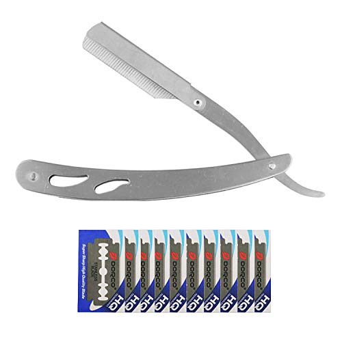 CESFONJER Maquinilla de afeitar tradicional - Navaja de afeitar de barbero - plegable de la máquina de afeitar (acero inoxidable, 10 cuchillas inoxidables) Blanco plateado