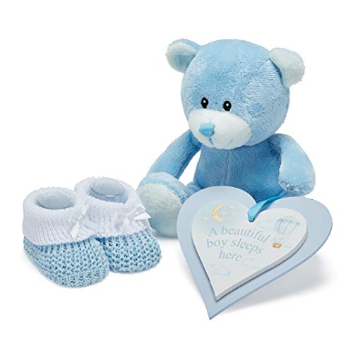 Cesta Regalo Bebé Niño Color Azul - Con Manta de Forro Polar, Toalla con Capucha, Ropa Bebé, 2 Muselinas Bebé y Osito de Peluche