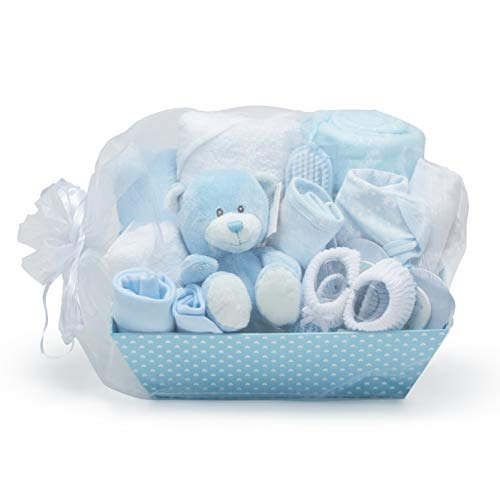 Cesta Regalo Bebé Niño Color Azul - Con Manta de Forro Polar, Toalla con Capucha, Ropa Bebé, 2 Muselinas Bebé y Osito de Peluche