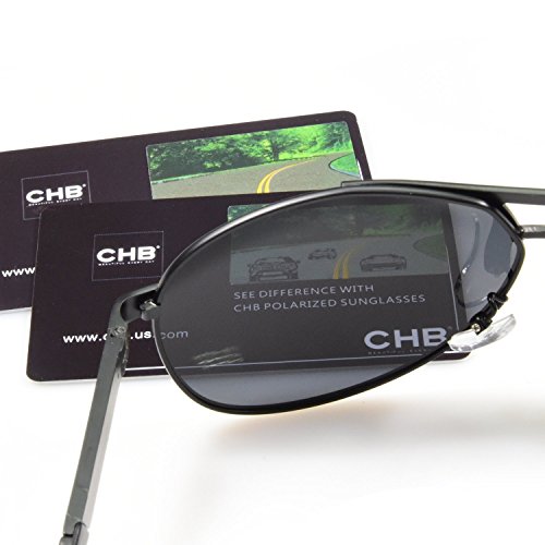 CHB Gafas de Sol Polarizadas para Hombre, Estilo Aviador. Protección UV 400. Incluye Estuche, Bolsa, Paño de Limpieza y Tarjeta para Probar la Polarización. Montura Ligera.
