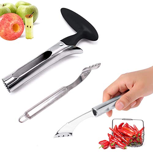 CHENKEE Descorazonador de Manzanas, 3 Piezas Corer De Manzana Acero Inoxidable Removedor Herramienta de eliminación de Semillas de hortalizas con Mango Antideslizante para el hogar y la Cocina