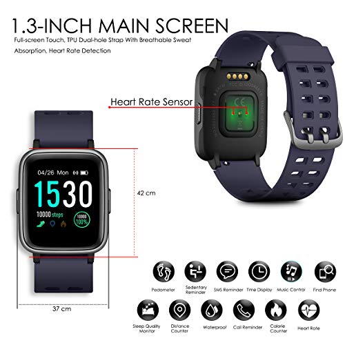 CHEREEKI Reloj Inteligente, Smartwatch Impermeable IP68 Pulsera Actividad 1.3 Pulgada con Monitor de Ritmo cardíaco, Podómetro, Control de música, Reloj Actividad para Xiaomi Huawei iPhone