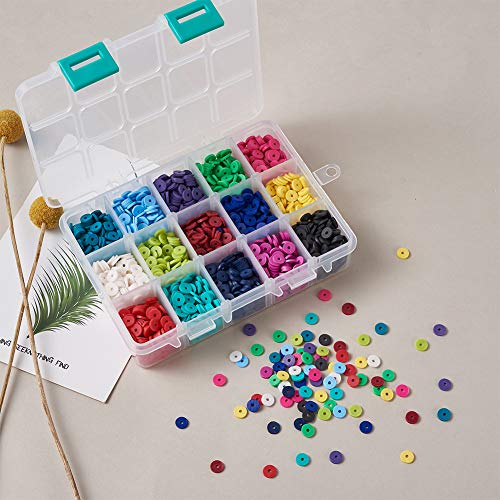 Cheriswelry 3800pcs 4mm / 6mm / 8mm Kits de cuentas de arcilla polimérica redondas planas 5 colores Disco espaciador Encantos de estrella de mar Cuentas de concha Hilo de abalorios para hacer joyas