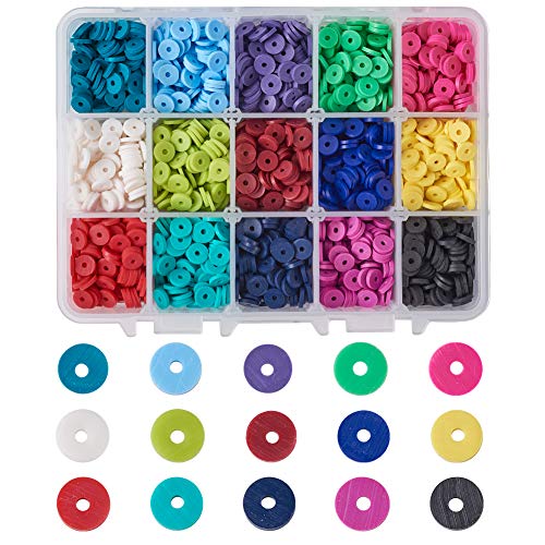 Cheriswelry 3800pcs 4mm / 6mm / 8mm Kits de cuentas de arcilla polimérica redondas planas 5 colores Disco espaciador Encantos de estrella de mar Cuentas de concha Hilo de abalorios para hacer joyas