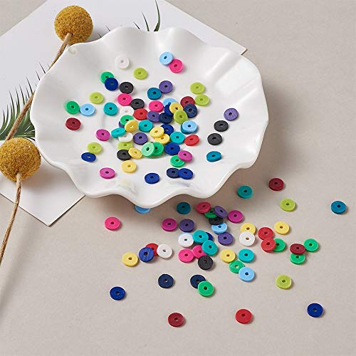 Cheriswelry 3800pcs 4mm / 6mm / 8mm Kits de cuentas de arcilla polimérica redondas planas 5 colores Disco espaciador Encantos de estrella de mar Cuentas de concha Hilo de abalorios para hacer joyas