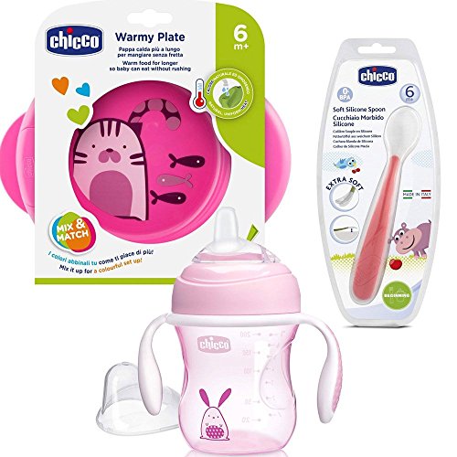 CHICCO beikost Start-Set – Juego infantil de iniciación Aprendizaje Juego platos térmica, Cucharita infantil (silicona, vaso calentadora con pitorro Super Soft Silicona, sin BPA)