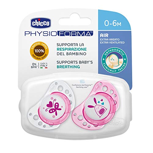 Chicco Physio Air - Pack de 2 chupetes de látex/caucho para 0 - 6 meses, color rosa