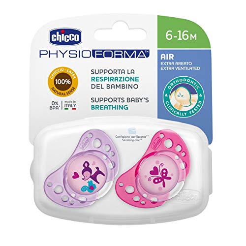 Chicco Physio Air - Pack de 2 chupetes de látex/caucho para 6-16 meses, color rosa