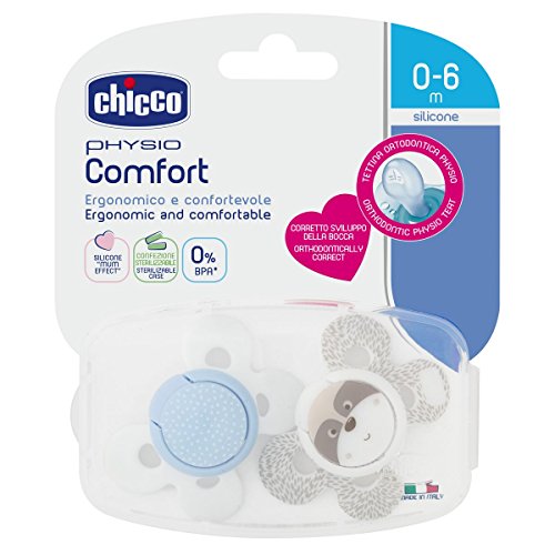 Chicco Physio Comfort - Pack de 2 chupetes de silicona 0-6 m, color azul (diseños surtidos)