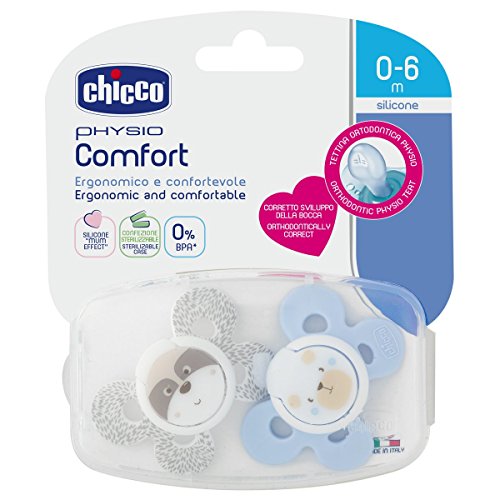 Chicco Physio Comfort - Pack de 2 chupetes de silicona 0-6 m, color azul (diseños surtidos)