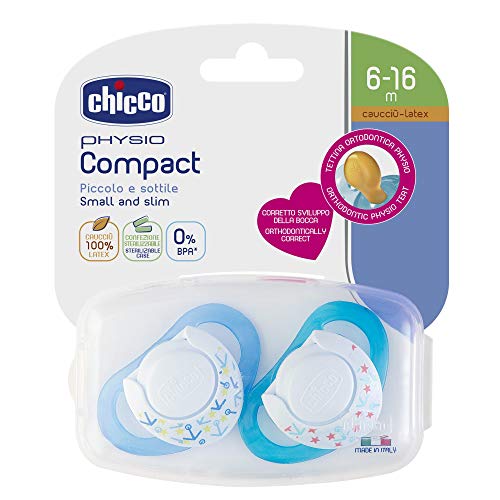 Chicco Physio Compact - Pack de 2 chupetes de látex/caucho para 6 - 16 meses, color azul