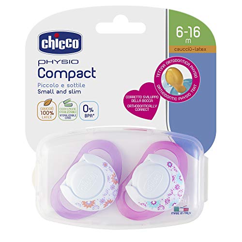 Chicco Physio Compact - Pack de 2 chupetes de látex/caucho para 6-16 meses, color rosa