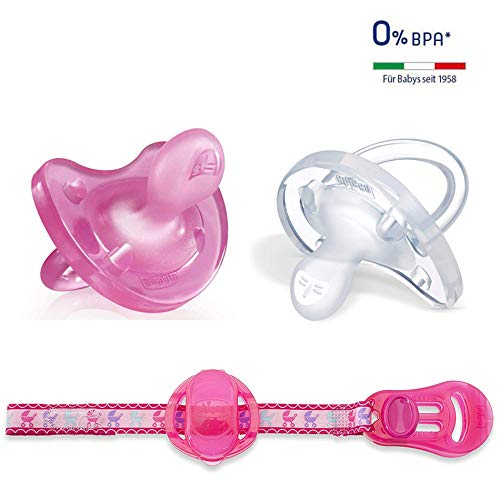 CHICCO Physio Soft, Pack de 2 Rose Girls Chupetes de Silicona, 0-6 m + CHICCO Easy Clip soft