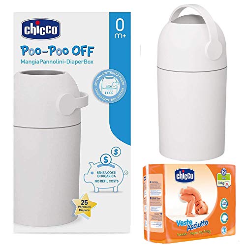 Chicco - Set de iniciación a partir de nacimiento: cubo para pañales Odour Off + pañales Chicco Mini 2 (3-6 kg) plateado – Sistema a prueba de olores, uso de bolsas convencionales.