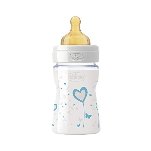 Chicco Wellbeing - Biberón de vidrio/cristal con tetina látex anti cólicos, flujo normal, 150 ml, bebés 0 m+, color azul