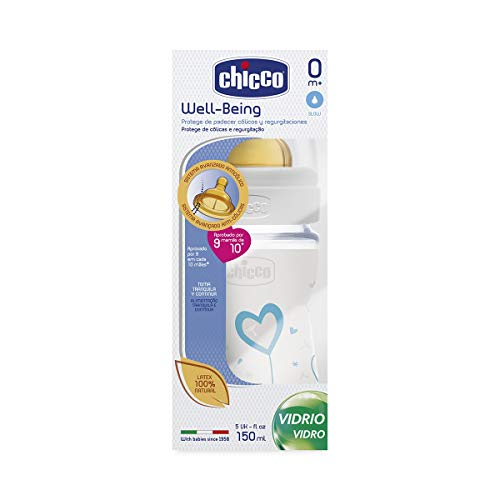 Chicco Wellbeing - Biberón de vidrio/cristal con tetina látex anti cólicos, flujo normal, 150 ml, bebés 0 m+, color azul