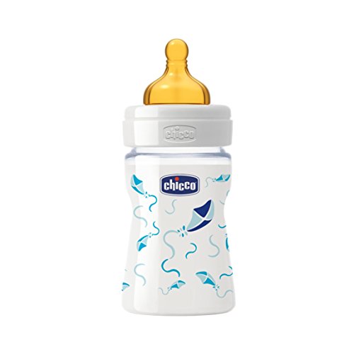 Chicco Wellbeing - Biberón de vidrio/cristal con tetina látex anti cólicos, flujo normal, 150 ml, bebés 0 m+, color azul