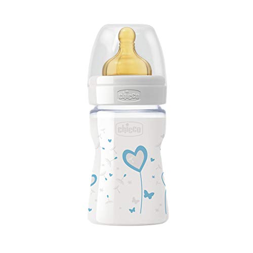 Chicco Wellbeing - Biberón de vidrio/cristal con tetina látex anti cólicos, flujo normal, 150 ml, bebés 0 m+, color azul