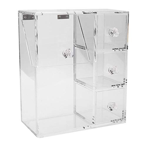 CHICIRIS Organizador de Maquillaje acrílico, portaescobillas de Maquillaje con 2 portaescobillas y 3 cajones Caja a Prueba de Polvo con Perla Rosa Gratis para encimera de tocador de baño