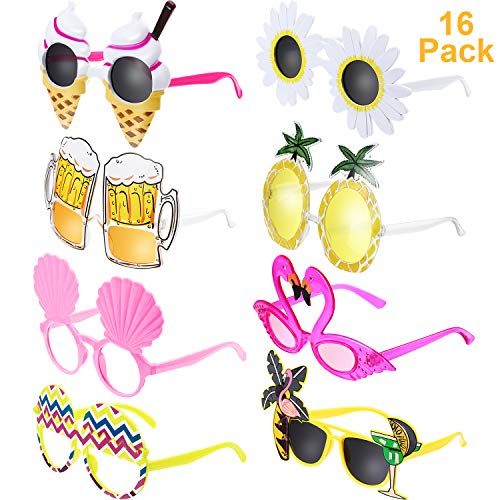 Chinco 16 Pares de Gafas de Fiesta Divertidas Gafas Hawaianas Tropicales para Fiesta Luau Tropical Disfraz Gafas para Niños y Adultos, 8 Estilos